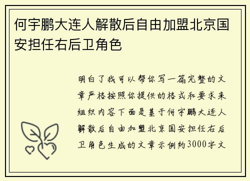 何宇鹏大连人解散后自由加盟北京国安担任右后卫角色